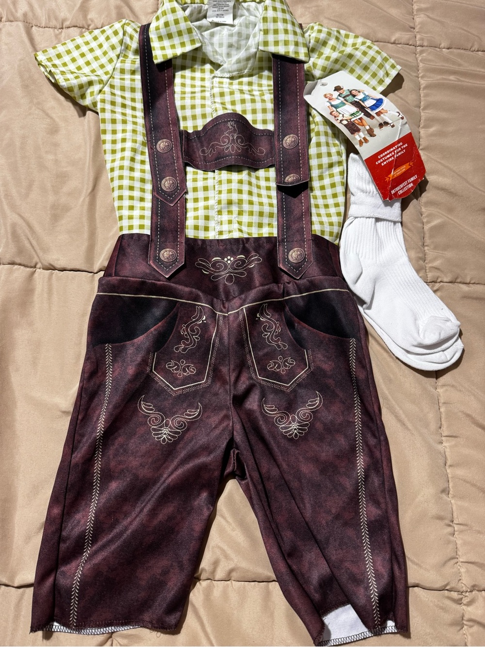 Kids Green Gingham Shirt with Brown Lederhosen-Style Bottoms Oktoberfest Costume